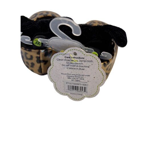 First Steps Gold Leopard Baby Girl Mary Jane Shoes Black Velvet Bows (0-3mo) - Picture 9 of 9